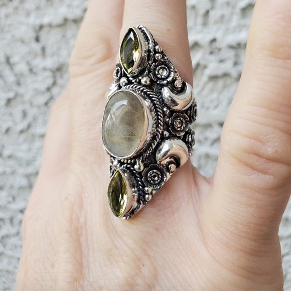 New Golden Rutile and Citrine Crescent Moon 925 Silver Statement Ring. - Picture 15 of 16